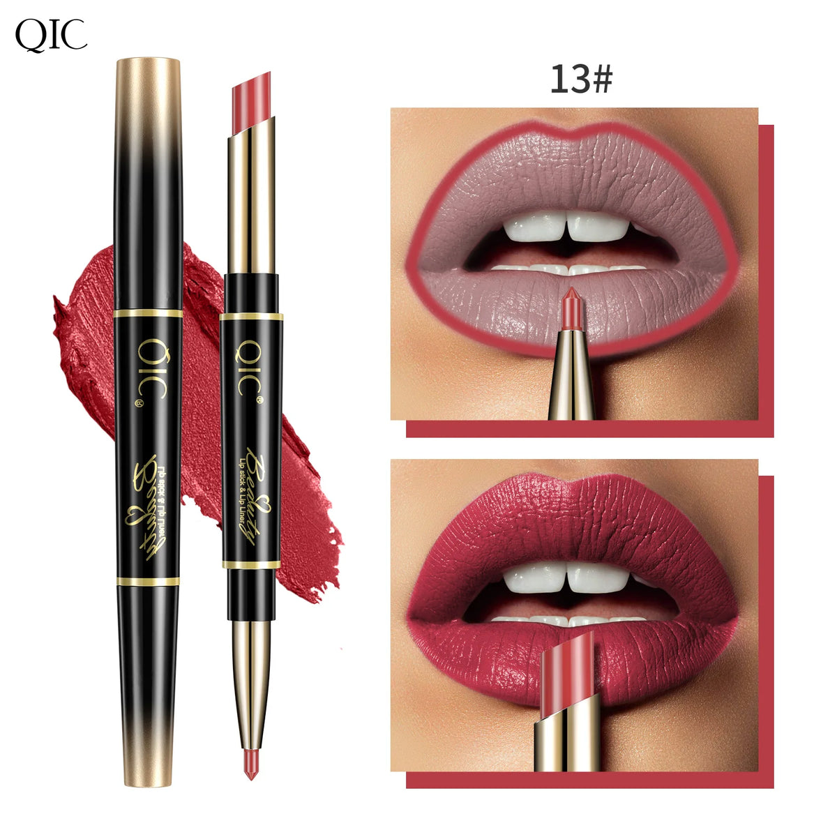 QIC Lipstick Lipliner Pen Matte Velvet Lip Liner Pencil Contour Makeup Sexy Red Lip Stick Long Lasting Cosmetics