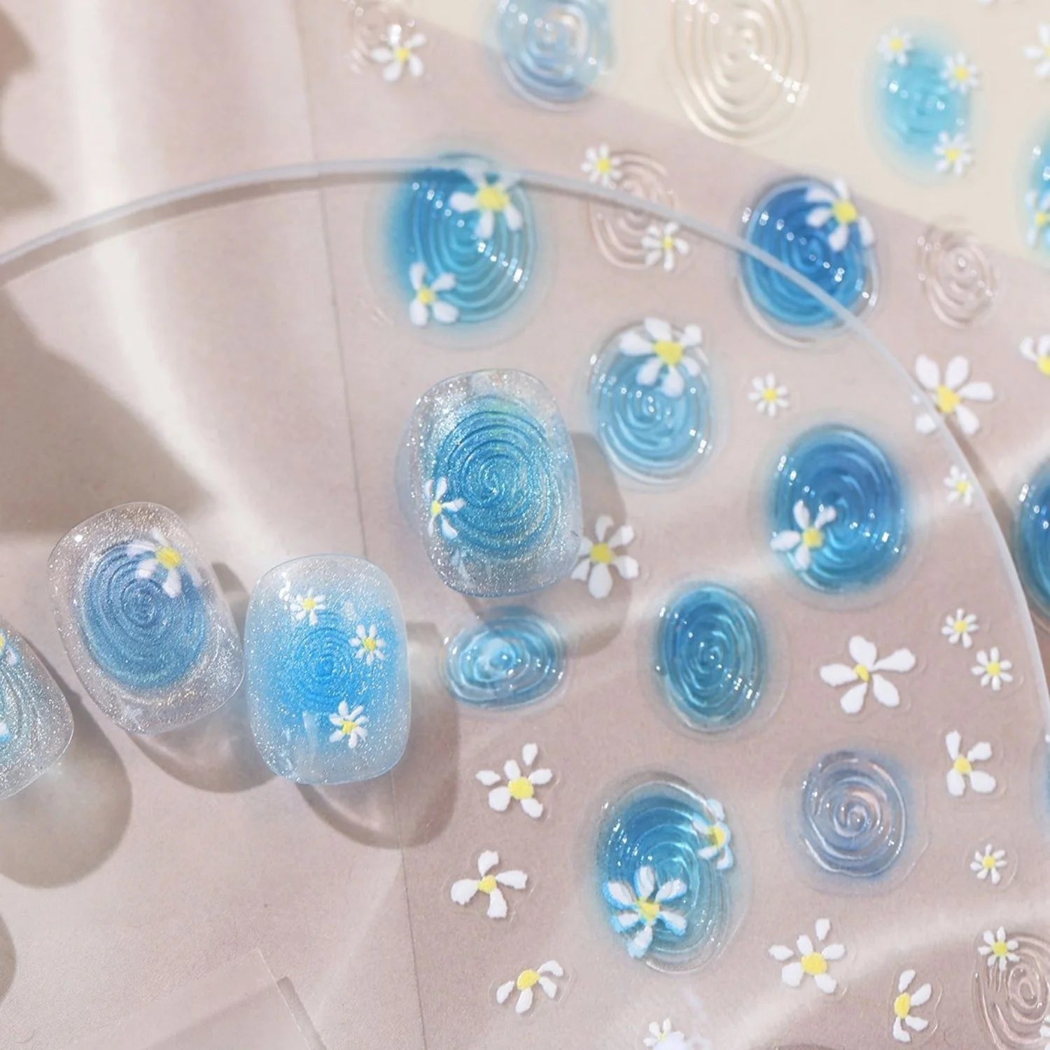 5D Summer Ocean Nail Art Stickers Blue Water Wave Daisy Spiral Pattern Self-adhesive Seaside Nail Decal DIY Manicure Decoration