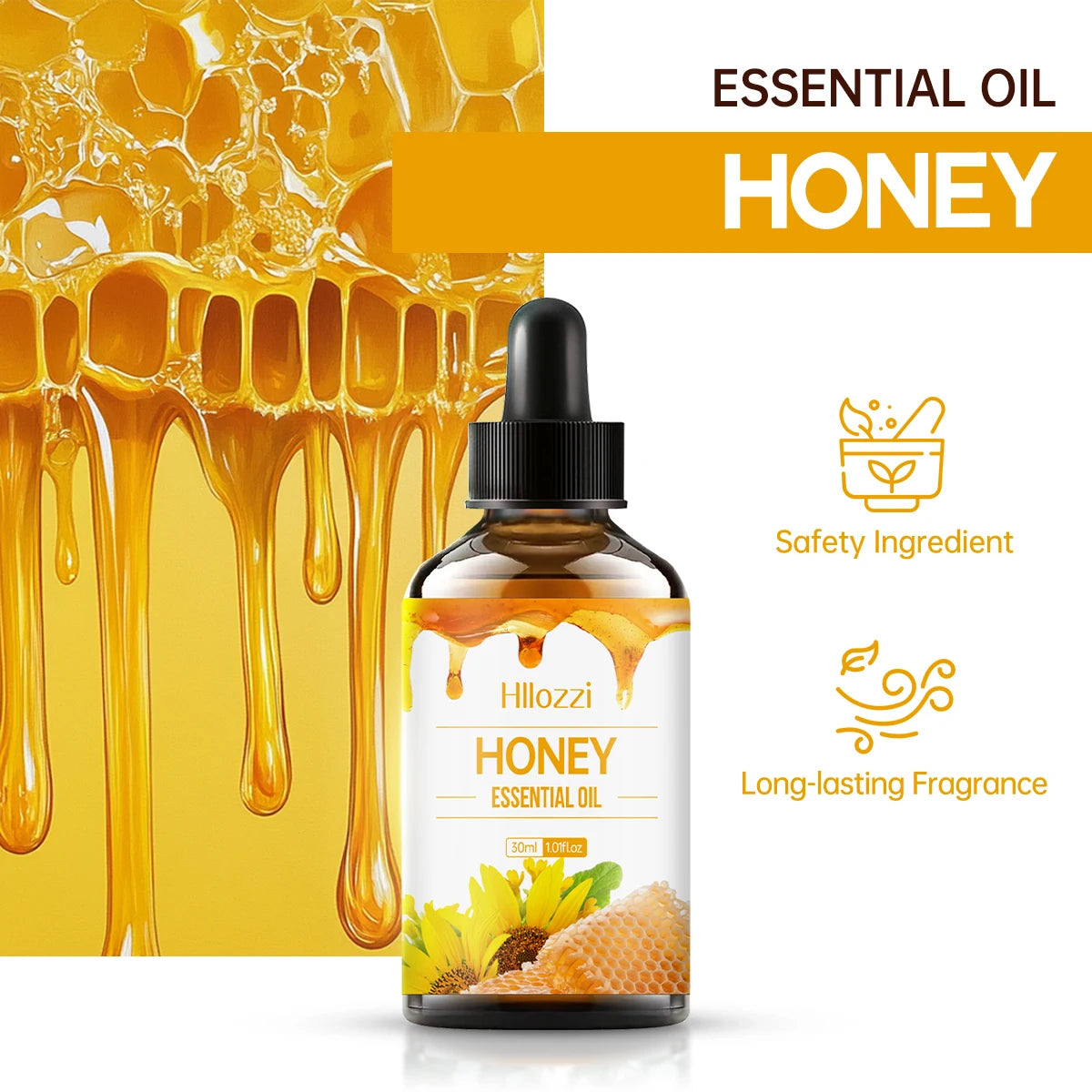 Honey Essential Oil, hypoallergenic, great for skin care, massage, face, body, nails and hair, suitable for all skin types.