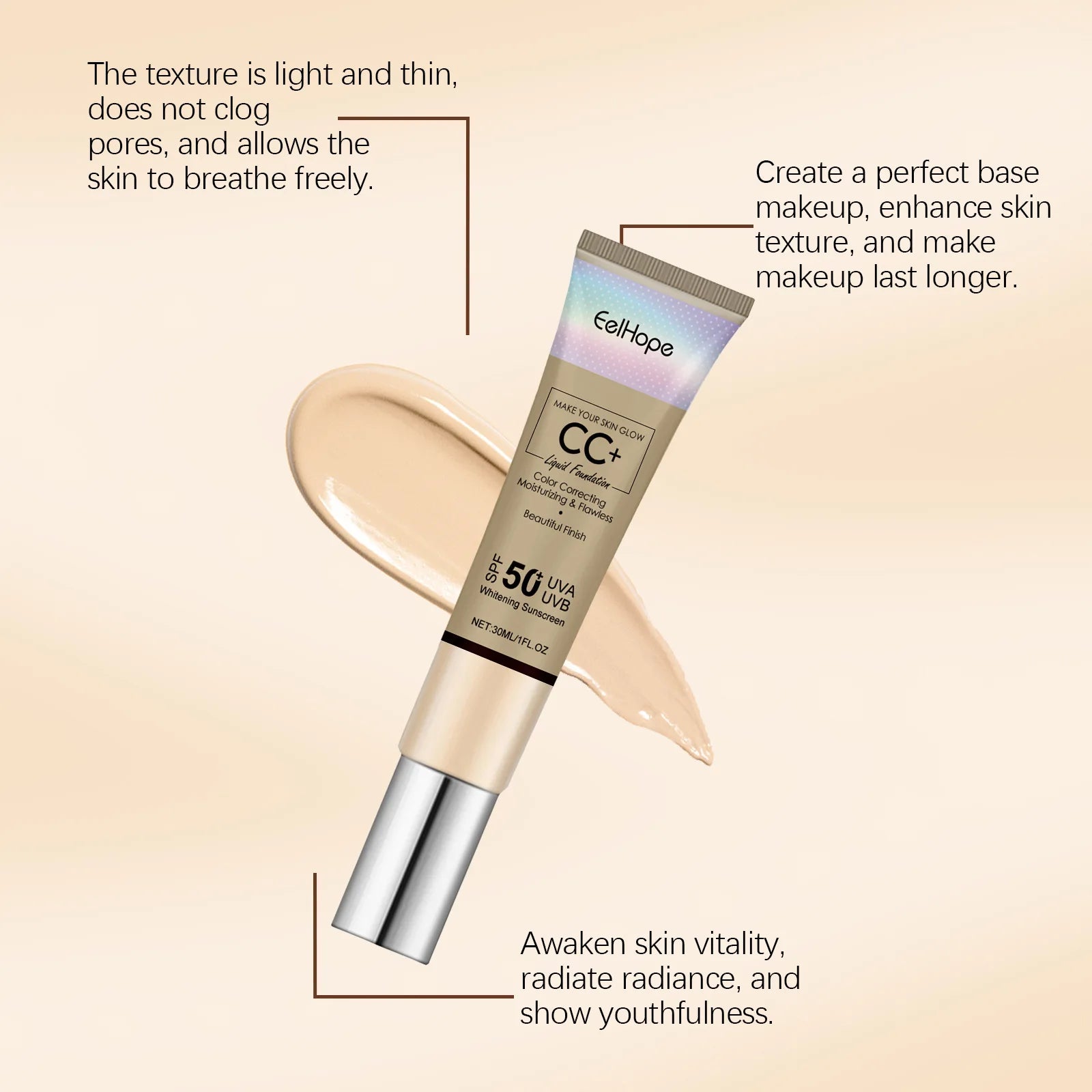 Flawless CC Cream Long Lasting Smoothing Covering Blemishes Ance Breathable Lightweight Moisturizing Brightening 50SPF Sunscreen