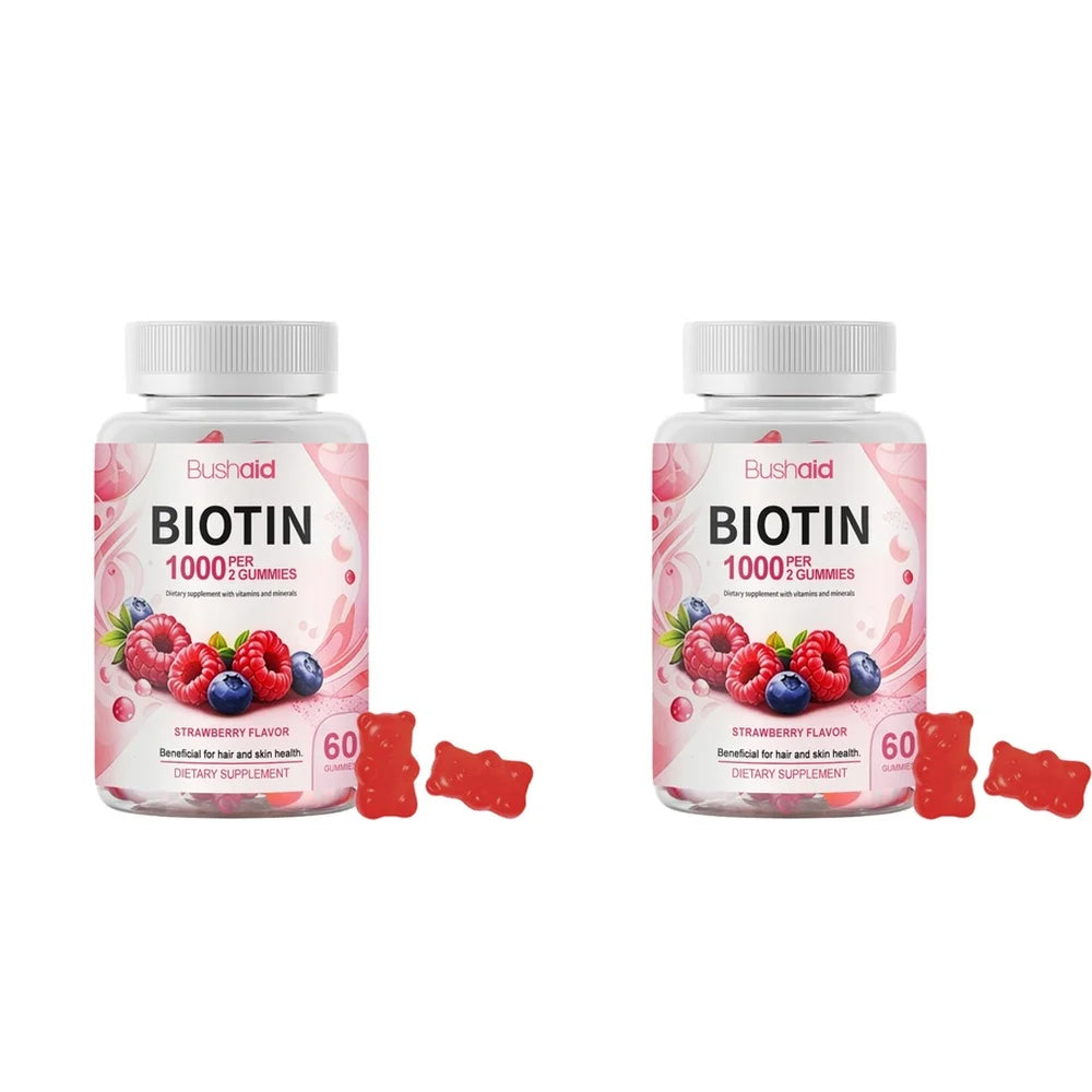 Bushaid Biotin Gummies 1000mcg Hair Skin Nails Vitamins A C D E B6 B12 Folate Strawberry Non-GMO Vegan Gluten Free 60 Count