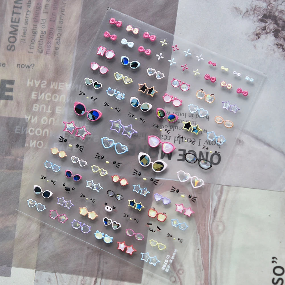 5D Adhesive Nail Art Stickers with Cute Glasses Design and Cartoon Funny Cat Expression for Manicure DIY Charms Slider Sticker