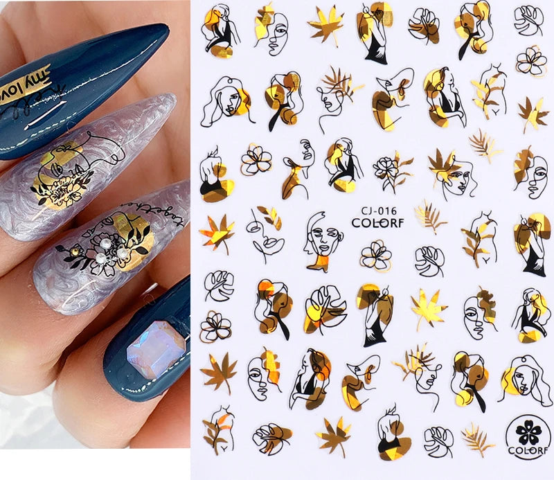 Shiny Gold Star Moon Sun Nail Stickers for Manicure Accessories Heart Feather Animals Printing Self Adhesive Nail Wrap