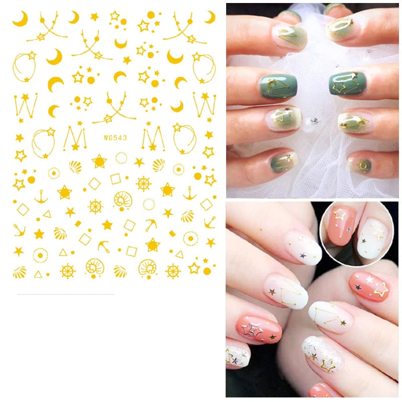 Shiny Gold Star Moon Sun Nail Stickers for Manicure Accessories Heart Feather Animals Printing Self Adhesive Nail Wrap