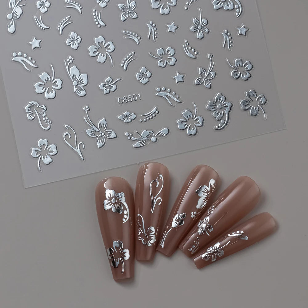 4Pcs 3D Hibiscus Flower Nail Stickers White,Pink,Gold,Silver Floral Nail Decals Y2K Petal Self-Adhesive Manicure Decor Sliders *