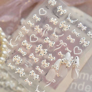 White Pearl Bow French Polka Dot Bow Pearl Heart Pearl Chain 5D Nail Stickers Self-Adhesive Nail Decal Manicure Decor for Women