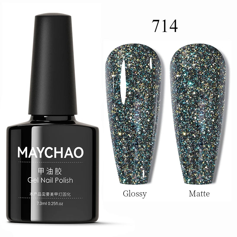 MAYCHAO Glitter Gel Nail Polish 7.3ml Semi-permanent Sequins Shiny Gel Base Top Coat Soak Off UV LED Varnish Nail Art Decoration
