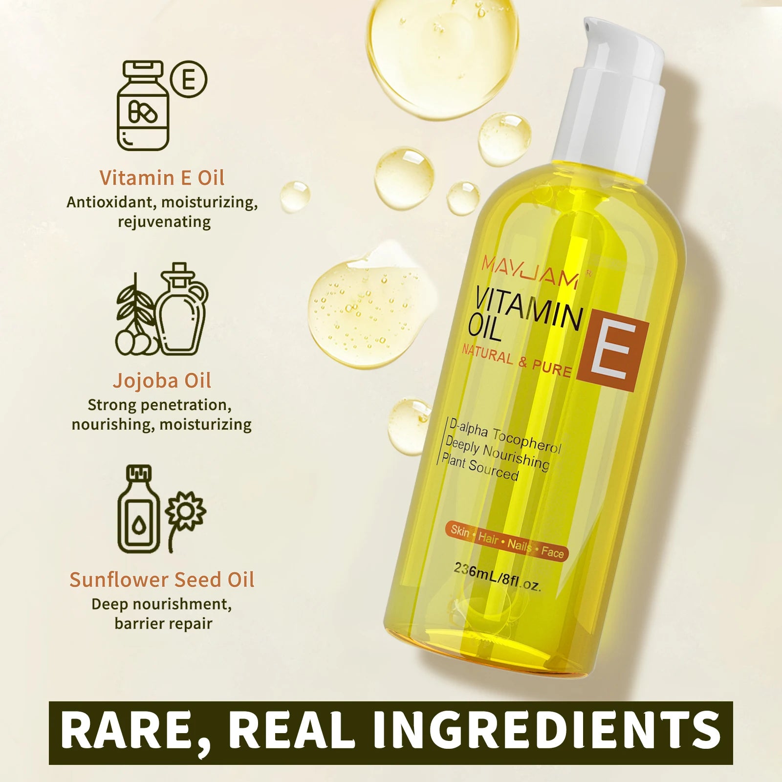 MAYJAM Pure & Natural Vitamin E Oil for Face Body Hair Moisturizing & Nourishing D-Alpha Tocopherol Jojoba Sunflower Seed Oil