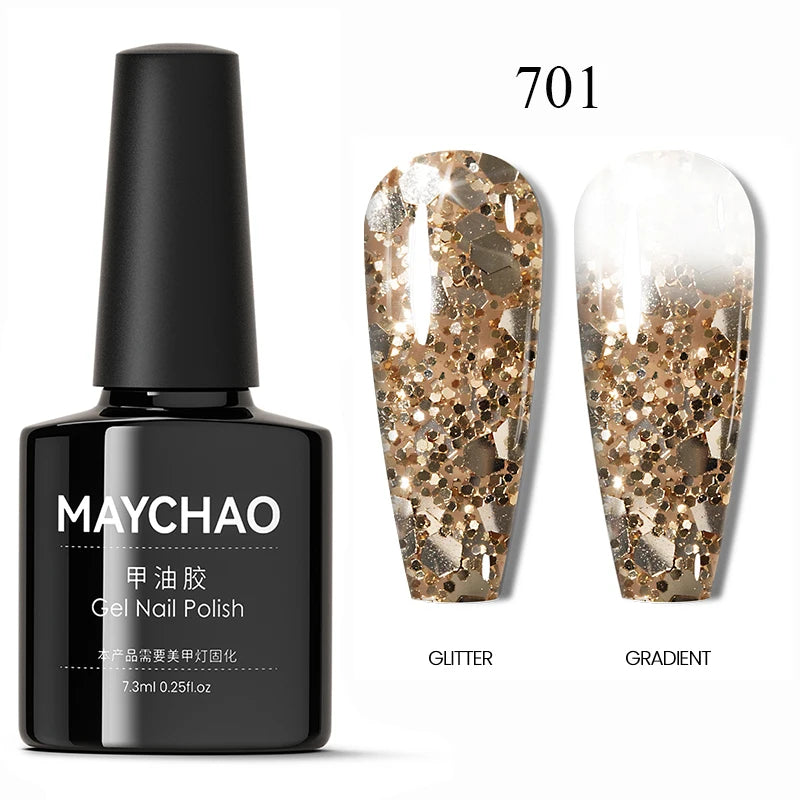 MAYCHAO Glitter Gel Nail Polish 7.3ml Semi-permanent Sequins Shiny Gel Base Top Coat Soak Off UV LED Varnish Nail Art Decoration