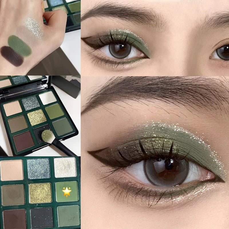 9 Colors Olive Green Eyeshadow Palette Punk Smokey Style Pearlescent Shimmer Matte Eyeshadow Powder Makeup Palette Eye Cosmetics