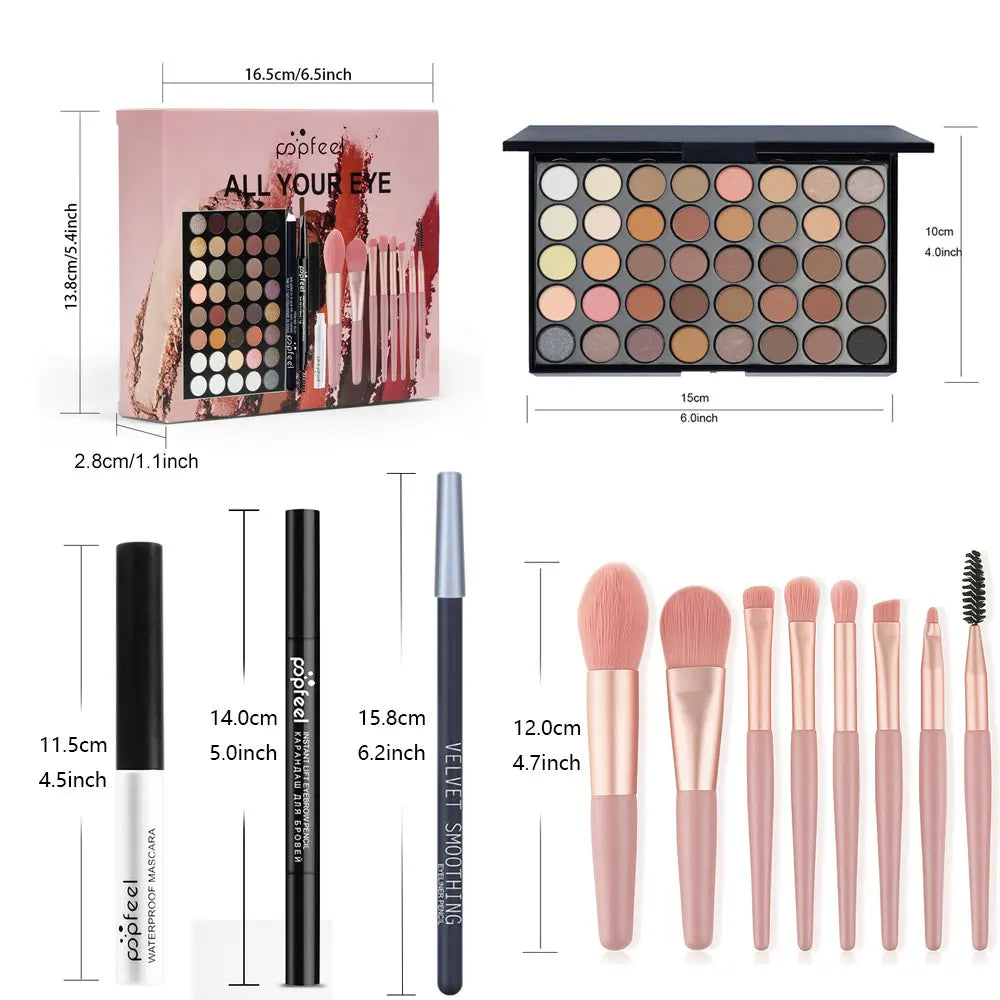 POPFEEL Professional Eye Makeup Set: Eyeshadow Palette, Eyeliner, Brow Pencil, Mascara +8 Makeup Brushes - Perfect for Beginners