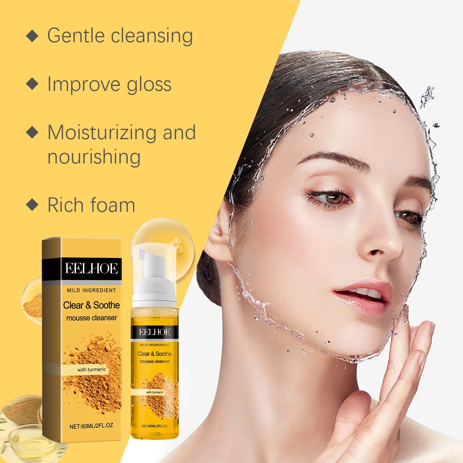Turmeric Mousse Cleanser Face Cleaning Shrink Pores Oil Control Dull Skin Brightening Hydrated Facial Contour Foaming Cleanser