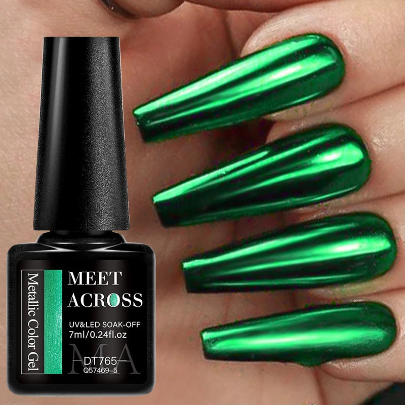 MEET ACROSS 7ml Red Blue Green Metallic Gel Nail Polish Super Bright Mirror Effect Semi Permanent LED UV Gel Nail Art Varnish