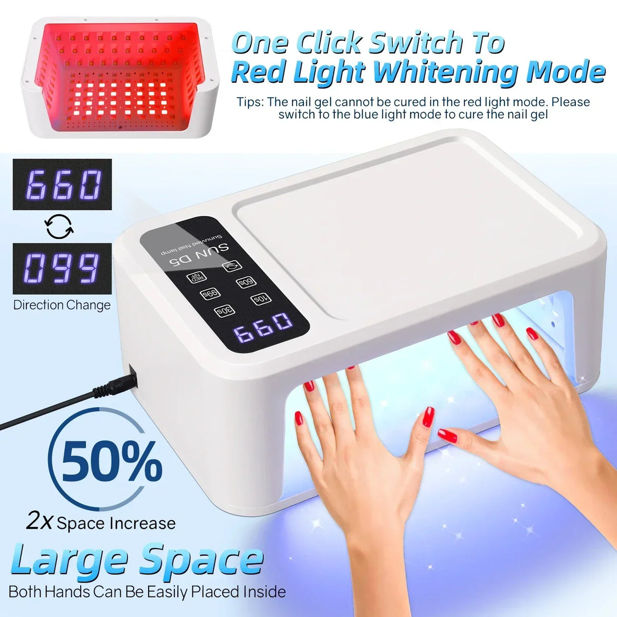 480W UV LED Lamp for Nails 108 LEDs Nail Dryer with Red Light Whitening Mode Large Space Manicure Lamp 4 Timer Settings