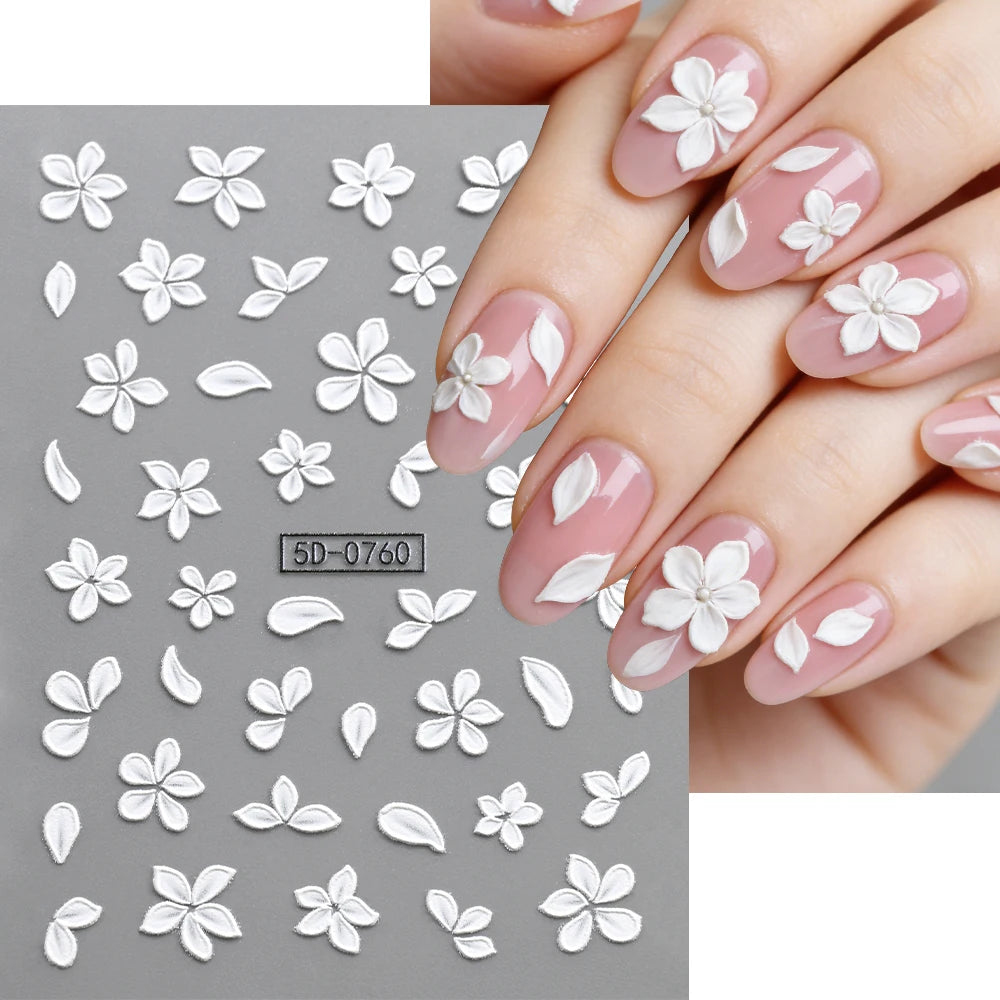 5D Pink Blue Floral Nail Art Stickers Petals Leaf Plant Embossed Nail Decals Spring Summer Flower Design for DIY Nail Supplies