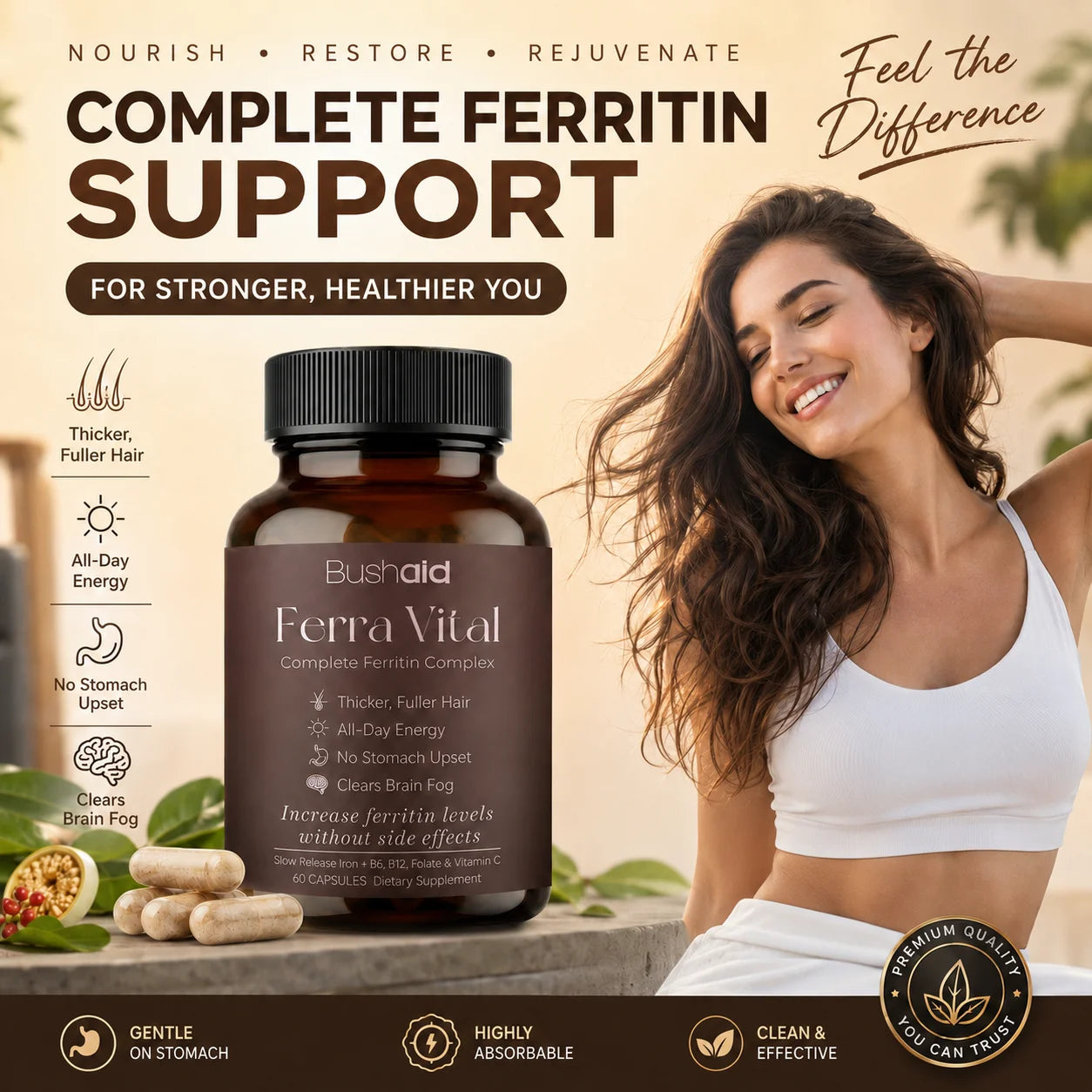 BushAid Ferra Vital Ferritin Complex with Iron Zinc Vitamins B6 B12 Supports Hair Shine Energy Focus Scalp Wellness 60 Capsules