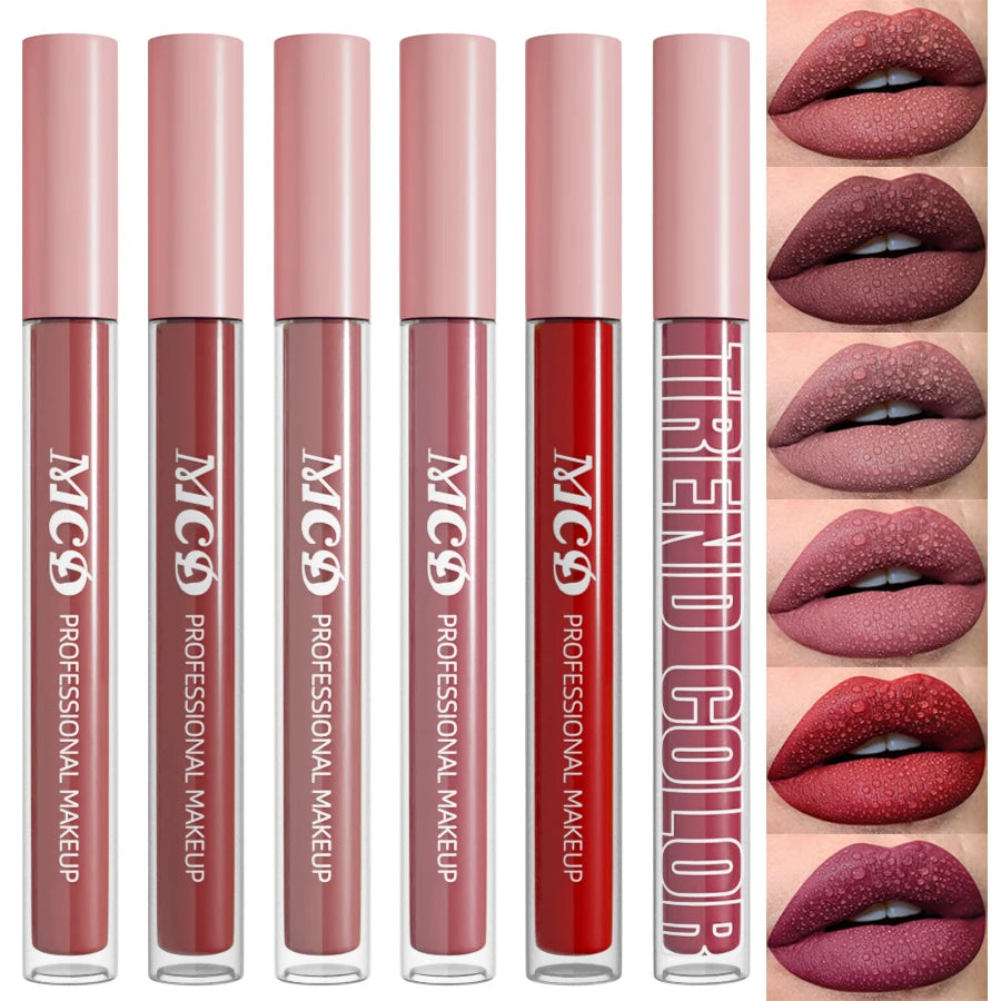 6pcs Colors Matte Velvet Lip Gloss Waterproof Sexy Red Liquid Lipstick Nude Rose Red Pink  Lips Tint Makeup Lip Glaze Cosmetics Red Lip Stain Beauty Lip Cosmetic for Women Gifts