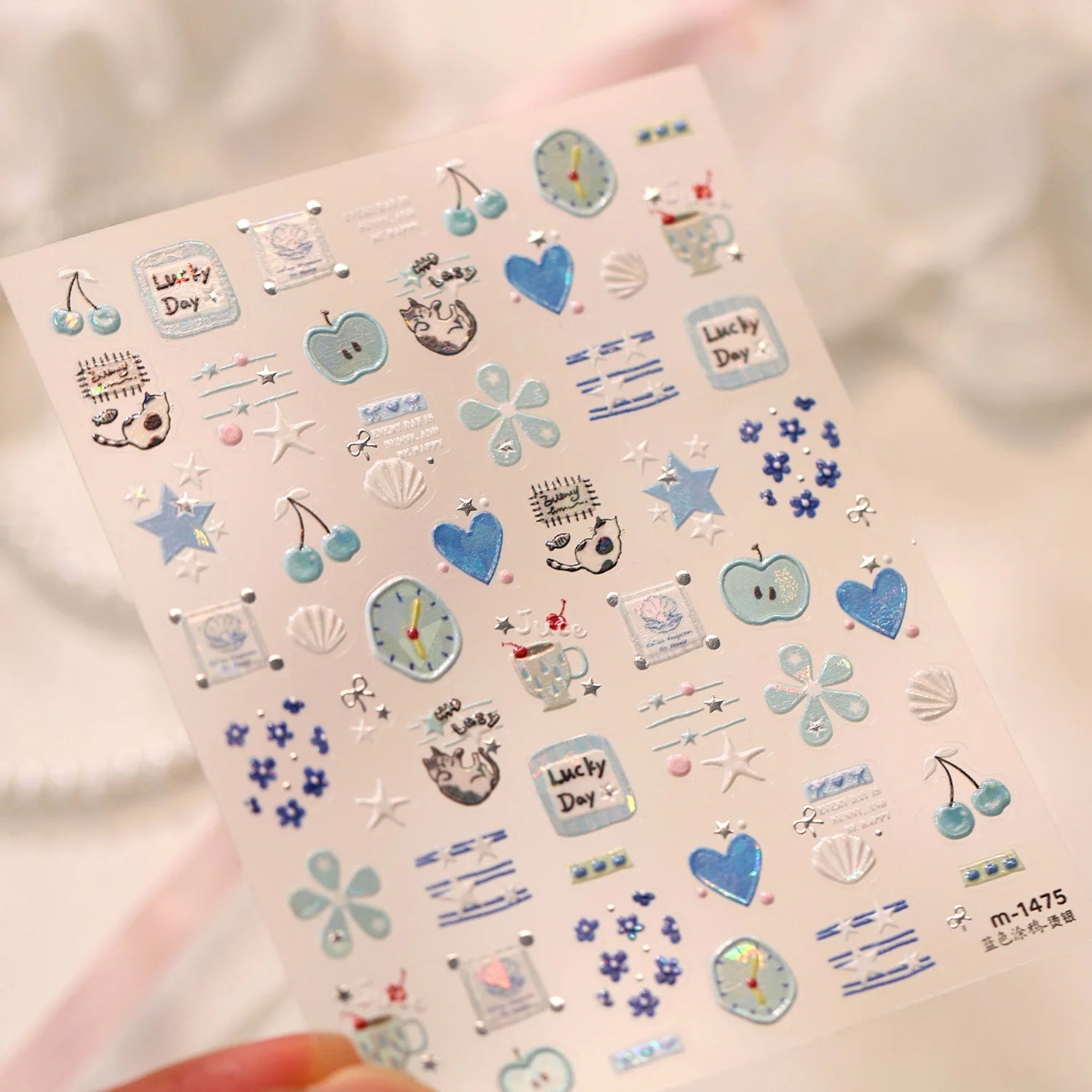 Light Blue 5D Nail Art Stickers Cartoon Cat Cherry Apple Clock Starfish Shell Blossom Decal Self Adhesive Sweet Fresh Manicure