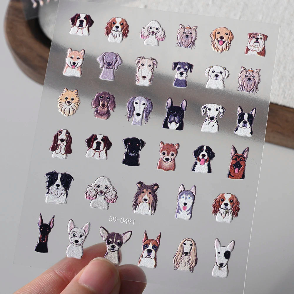 2pcs/Set Happy Dog Nail Decorative Stickers 5D Embossed Cute Cartoon Corgi Pomeranian Puppy Nail Decals DIY Animal Manicure Deco