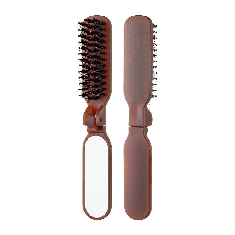 Boar Bristle Massage Hair Comb Anti Static with Makeup Mirror Folding Comb High Skull Integrated Styling Combs Supplies