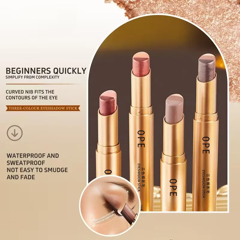 OPE Tri-Color Eyeshadow Stick — Gradient Shimmer, Waterproof Pearlescent Eyeshadow — Long-Lasting Eye Makeup