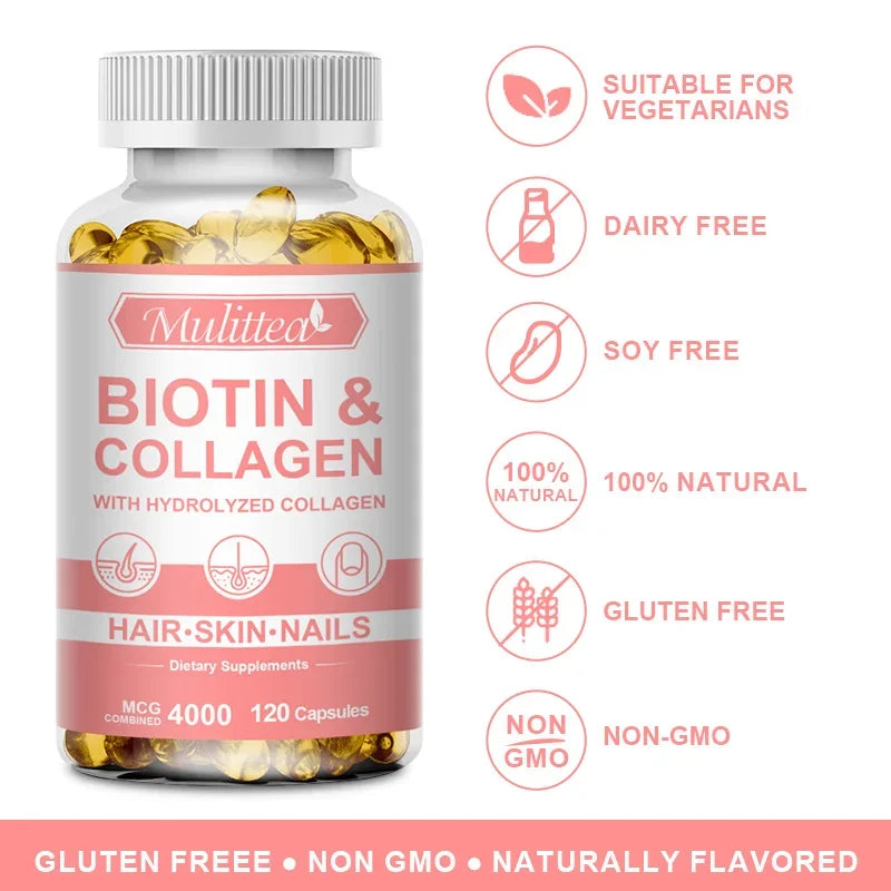 Mulittea Biotin &Collagen Capsules For Healthy Nails Hair Growth Strong Hair Dry Hair  Smooth Skin Hydrating Antioxidant