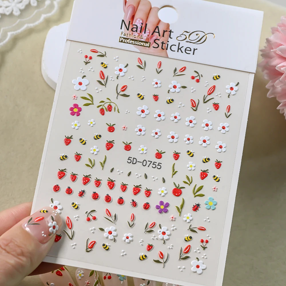5D Pink Blue Floral Nail Art Stickers Petals Leaf Plant Embossed Nail Decals Spring Summer Flower Design for DIY Nail Supplies
