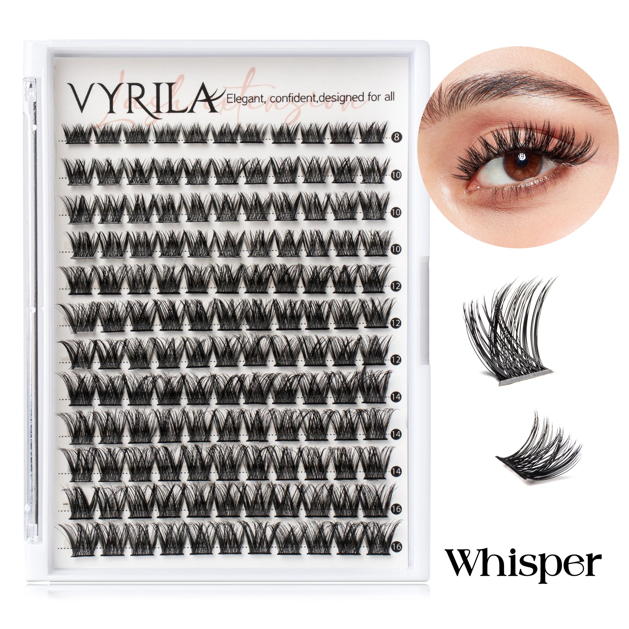VYRILA Lash Extension Kit Wispy C Curl Lash Clusters Kit Hush 8-16mix Individual Lashes with Lash Bond and Seal Lash Tweezers