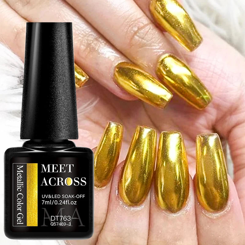 MEET ACROSS 7ml Red Blue Green Metallic Gel Nail Polish Super Bright Mirror Effect Semi Permanent LED UV Gel Nail Art Varnish