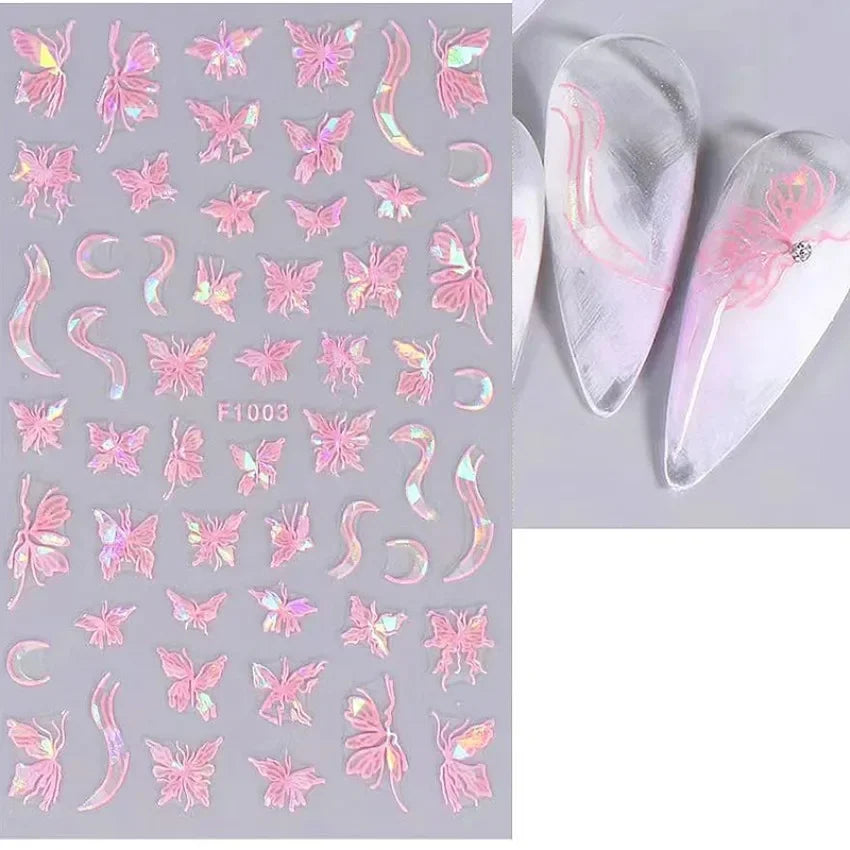 1PCS Black White Butterfly Laser Nail Stickers Y2K Nail Art Decoration Abstract Lines Bronzing Flowers Stickers For Nails