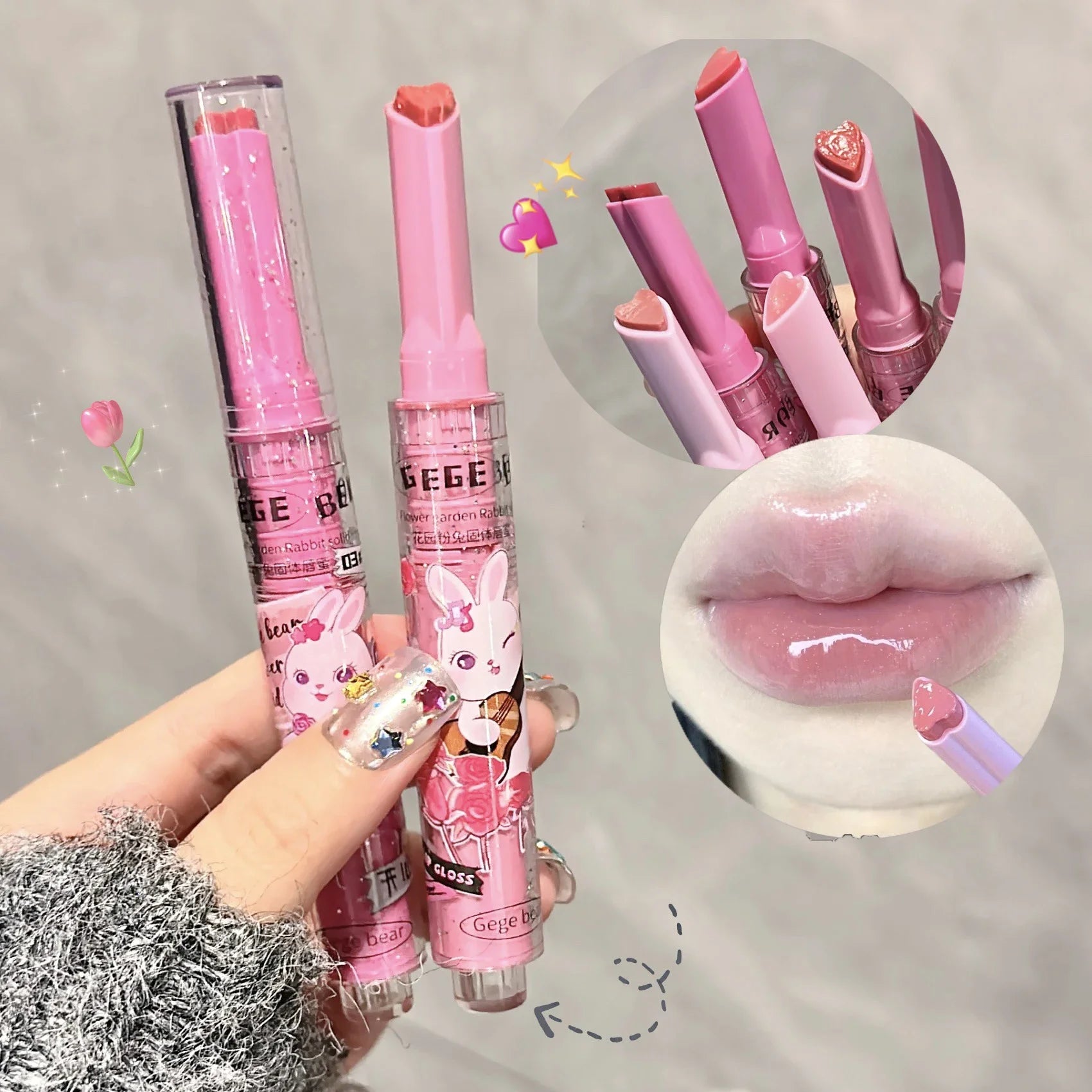 Gege Bear Garden Pink Rabbit Jelly Lip Gloss Solid Lip Glaze Mirror Glass Water Light Heart Shape Lipstick Korean Lip Tint