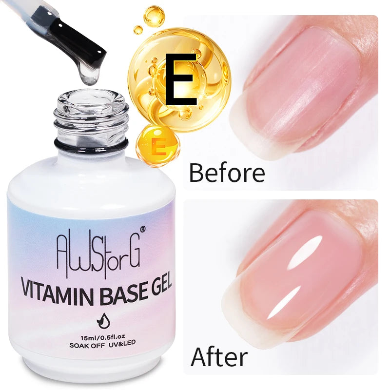 AWStorG 15ML Vitamin E Base Coat Nail Strengthener Gel Nail Polish Semi permanent UV Durable Base Varnish Protects Nails