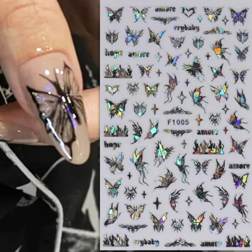 1PCS Black White Butterfly Laser Nail Stickers Y2K Nail Art Decoration Abstract Lines Bronzing Flowers Stickers For Nails