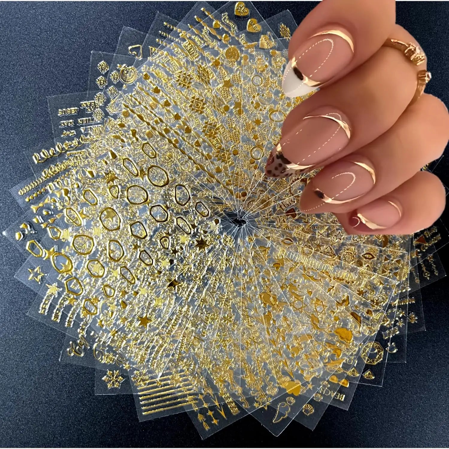 30 Sheets Gold Nail Art Stickers 3D Self-Adhesive Nail Decals Gold Line Star Nail Stickers for Acrylic Nails Gold Leaf