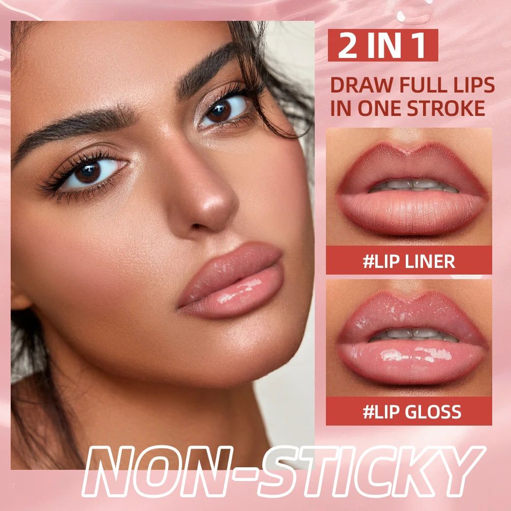 QIBEST Double Head Mirror Lip Glaze Lipliner Pen Water Light Lipgloss Makeup 2 in 1 Stick Matte Velvet Lip Liner Contour Pencil