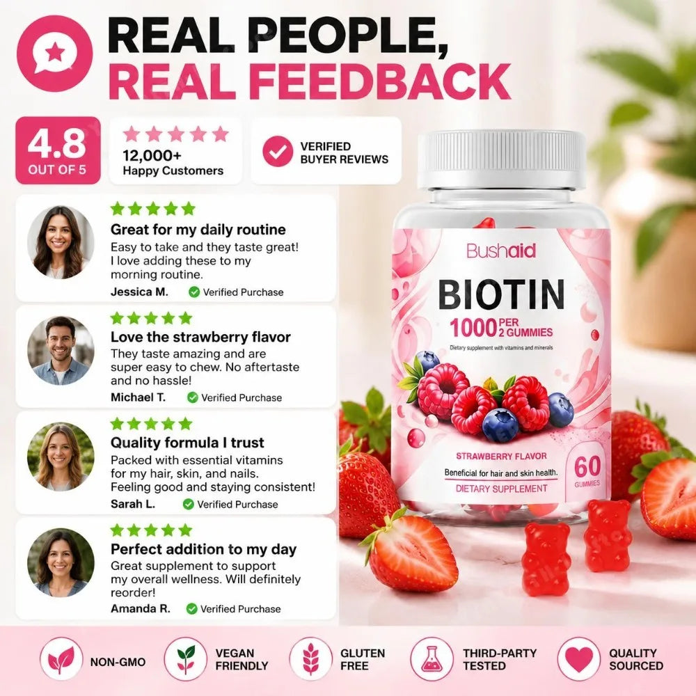 Bushaid Biotin Gummies 1000mcg Hair Skin Nails Vitamins A C D E B6 B12 Folate Strawberry Non-GMO Vegan Gluten Free 60 Count