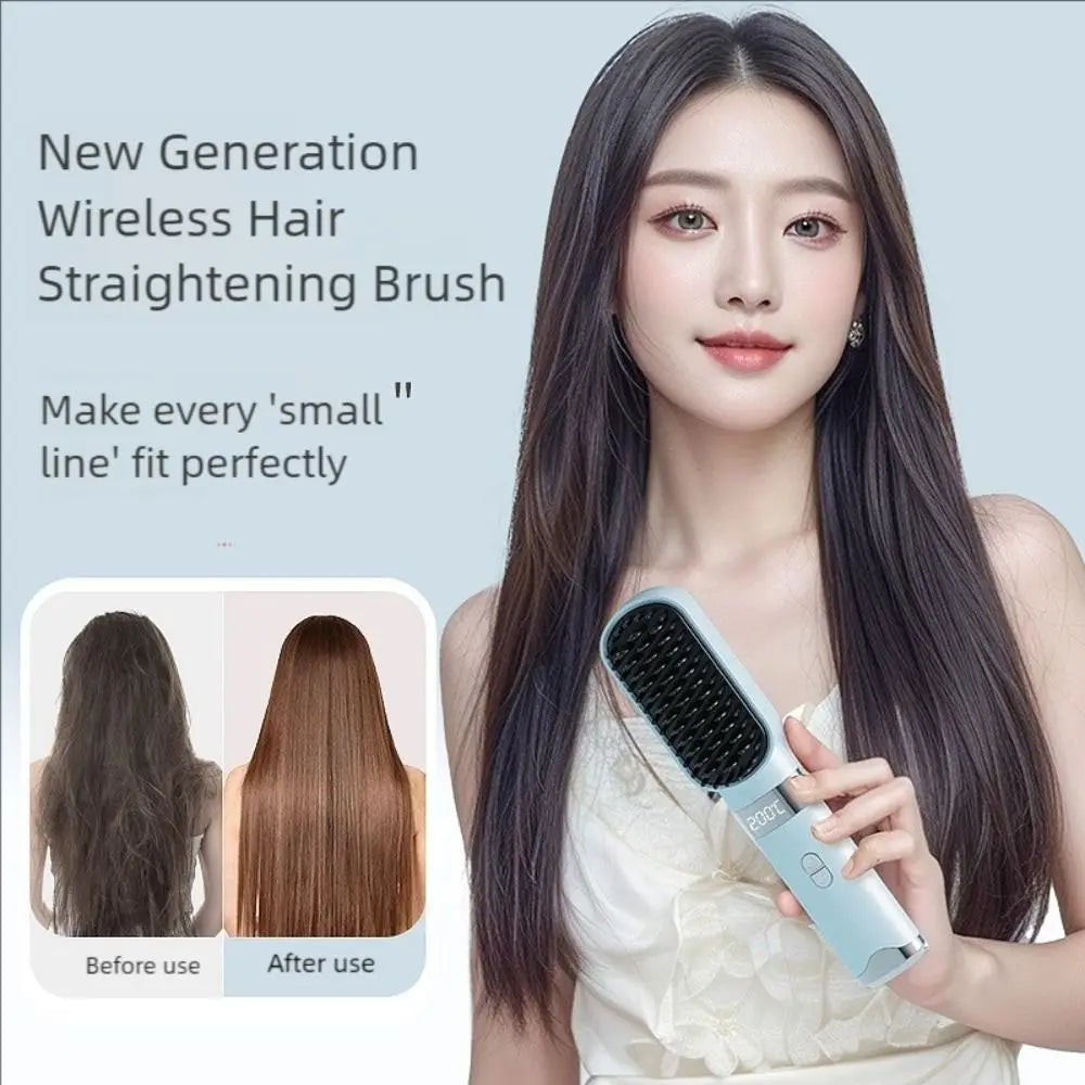 Wireless Hair Straightener Comb, LCD Display 140-200℃ 3 Temp Control, Rechargeable Portable Travel Hair Styling Brush