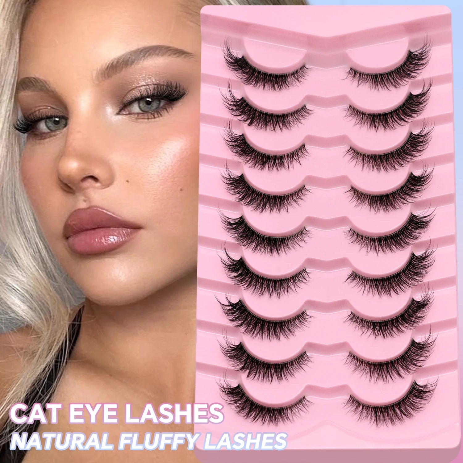 LASVIREY Fluffy Cat Eye Lashes Natural Mink Lashes Clear Band Natural Fluffy D Curl  Lashes Extension Full Strip False Eyelashes