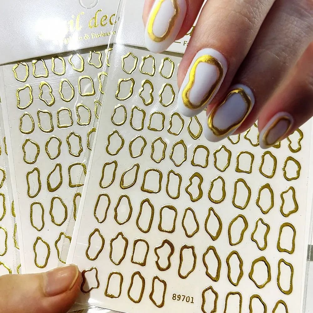 2pcs 3D Bronzing Gold Geometric Frames Nail Stickers Irregular Metallic Hollow Frame Nails Decals Square Geometric Nail Supplies