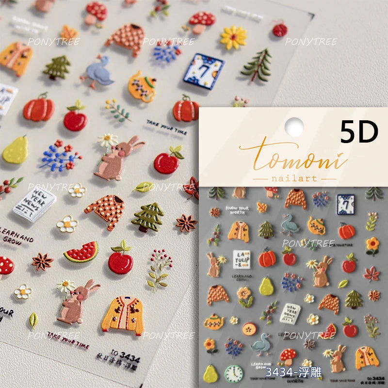 Shiny Attractive Apple Core Peel Cute Fruits Bowknot Tie Star Self Adhesive Nail Art Stickers Charming Rhinestone Manicure Decal