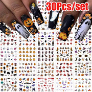 30Pcs 3D Halloween Cartoon Ghost Spider Bat Pumpkin Nail Stickers Mixed Punk Black Halloween Nail Decal 5x6cm Manicure Slider &*