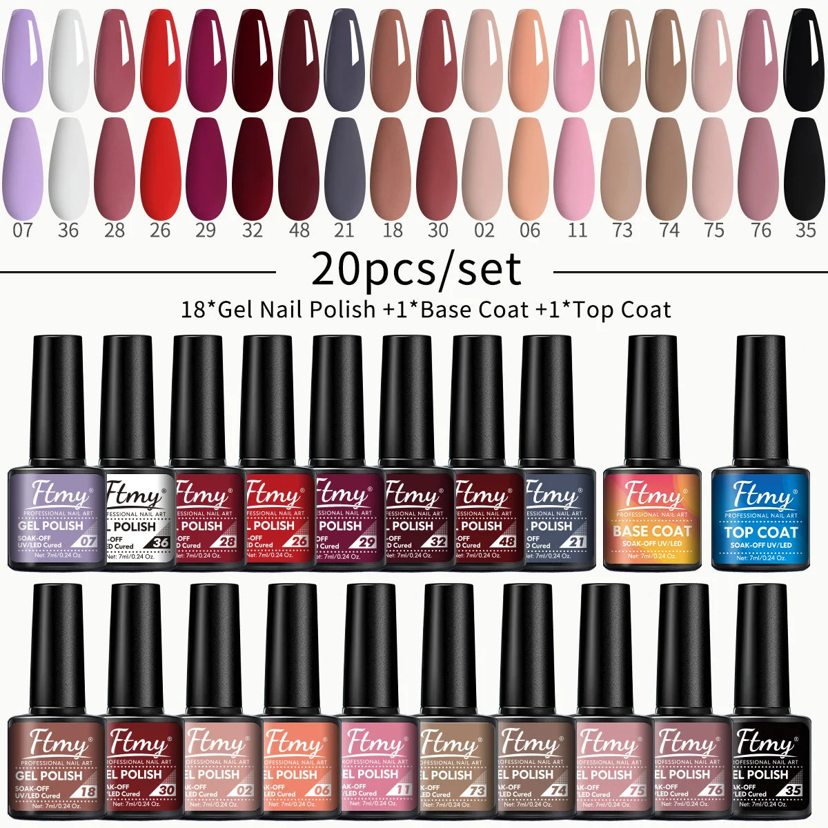 20pcs 7ml Gel Nail Polish Set Popular ColorGel Polish Soak Off UV LED Semi-PemmanentNail Gel Polish Manicure Varnish Dly Starter