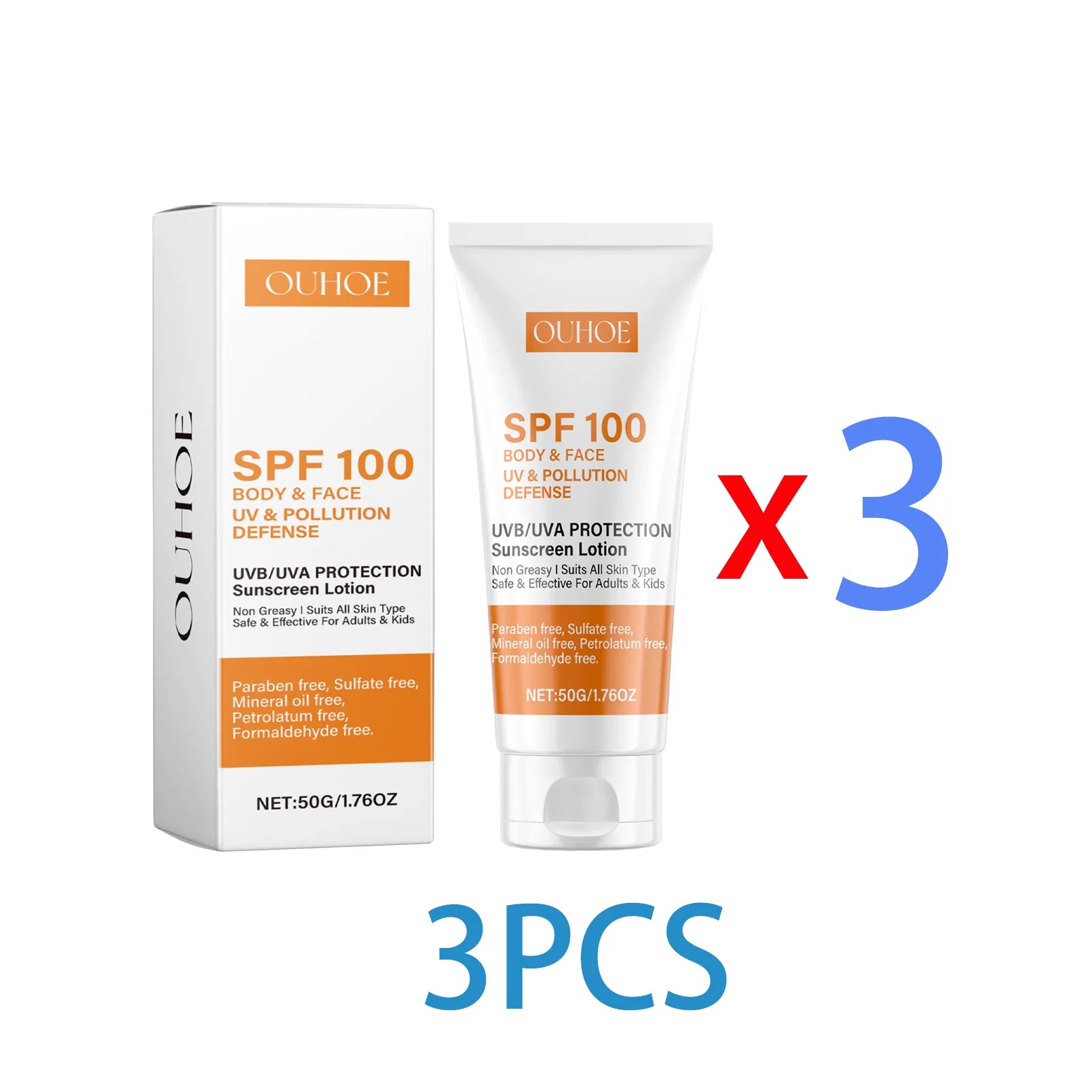 Ouhoe Body and Face Sunscreen Cream SPF 100 Protection UVA UVB Blocker Non Greasy Daily Defense for Summer Outdoor Beach Use 50g