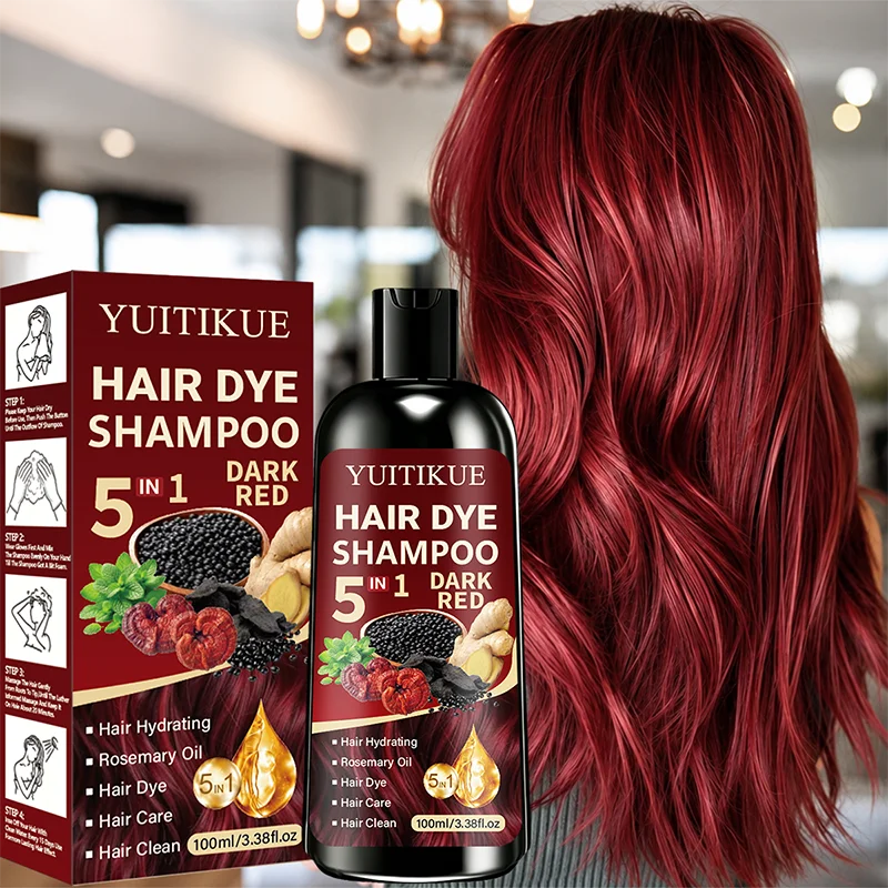 YUITIKUE 5 In 1 Hair Dye Shampoo Dark Red 100ml, Hydrating Rosemary Formula, Quick Color Shampoo For Gray White Hair