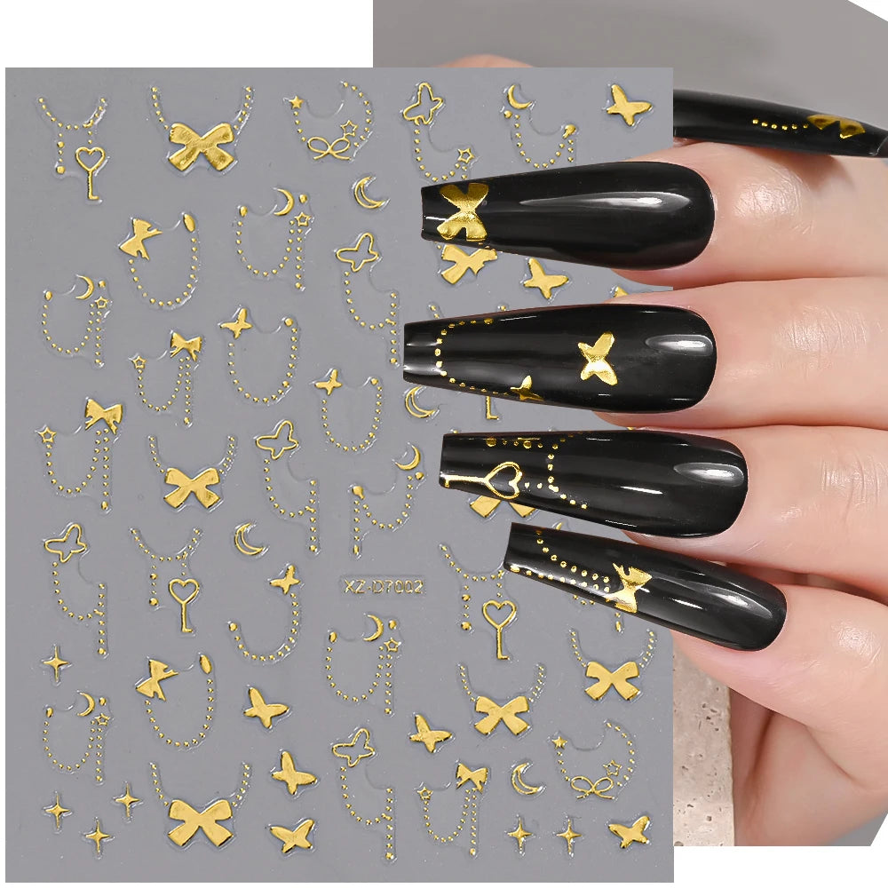 1pc Y2K-Inspired 3D Metallic Nail Stickers Geometric Marble & Bronzing Designs Nail Sliders Self-Adhesive Sparkling Manicure DIY