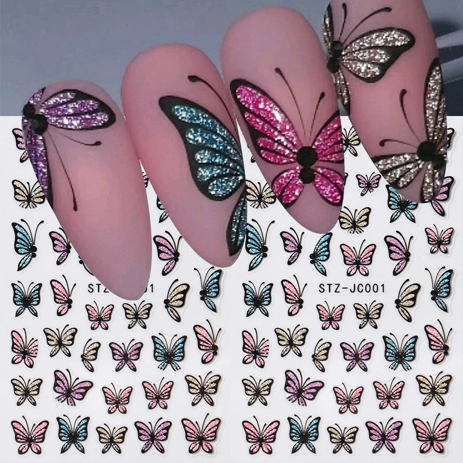 Glitter Butterfly Nail Stickers Decals Charm 3D Shiny Blue Pink Design Self Adhesive Sliders Nail Art Foils Manicure Decorations