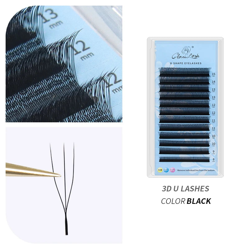 GLAMLASH U Shape YY False Eyelashes 8-15mm Mix C D Curl Double Tips Lashes Extension Hand-wowen Individual Eyelash