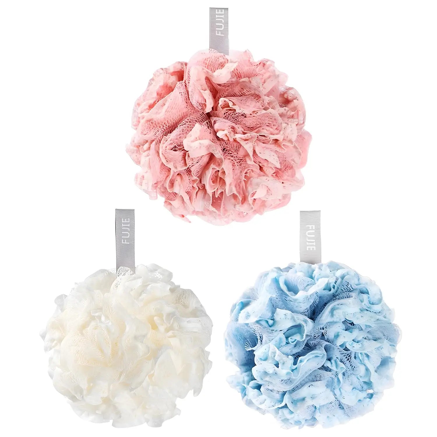 Shower Sponge Eco-Friendly Soft Mesh – Rich Lather Bath Scrunchie with Hanging Loop Lace Trim for Women Men (White/Blue/Pink)