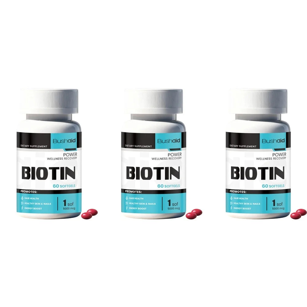 Bushaid Biotin 5000mcg Softgels Hair Skin Nails Vitamin B7 Keratin Support Energy Non-GMO Gluten Free 60 Softgels 60 Day