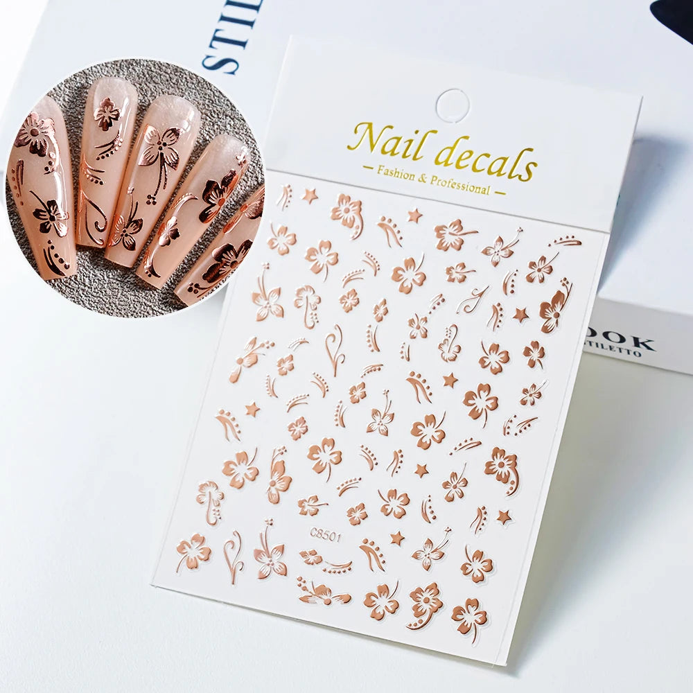 1pc 3D White Hibiscus Flower Nail Art Stickers 8 Colors Hollow Petal Flower Nail Decal Exquisite Gold/Silver/Black Floral Slider